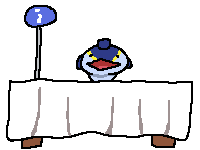 A drawing of a tuna at an information booth.
