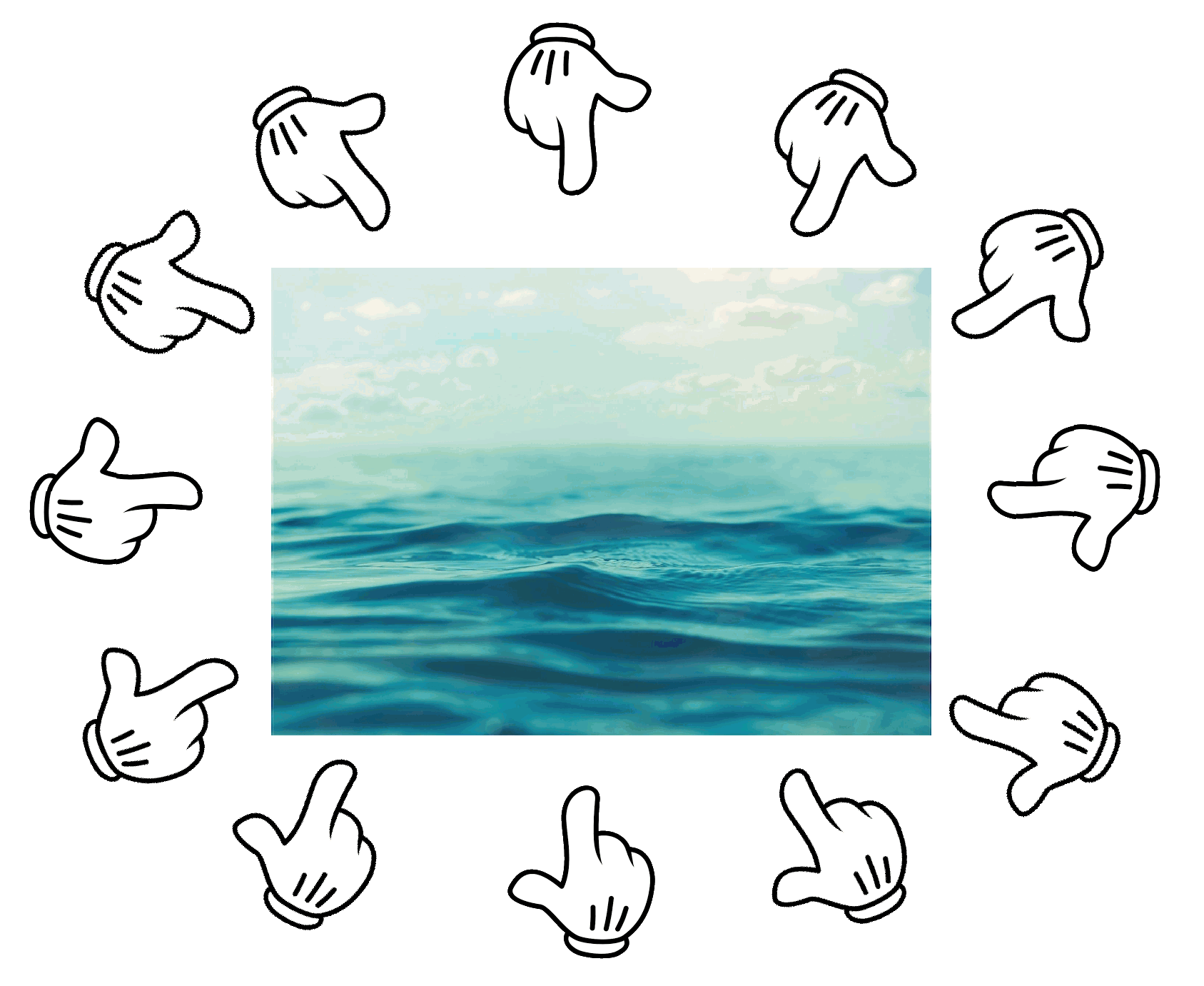 An image of the ocean, surrounded disembodied cartoon gloved hands pointing towards it.