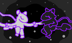 Pixelated doodle of two animal-like creatures. Floating in a void, eyes closed, and with tubes coming out of their backs, a tear escapes the one on the right, cast in shadow, as it grabs the hand of the one on the left, rendered in light. The light one is holding the hand of another out-of-frame, creating a chain, and light spreads up the arm of the dark one from its point of contact.
