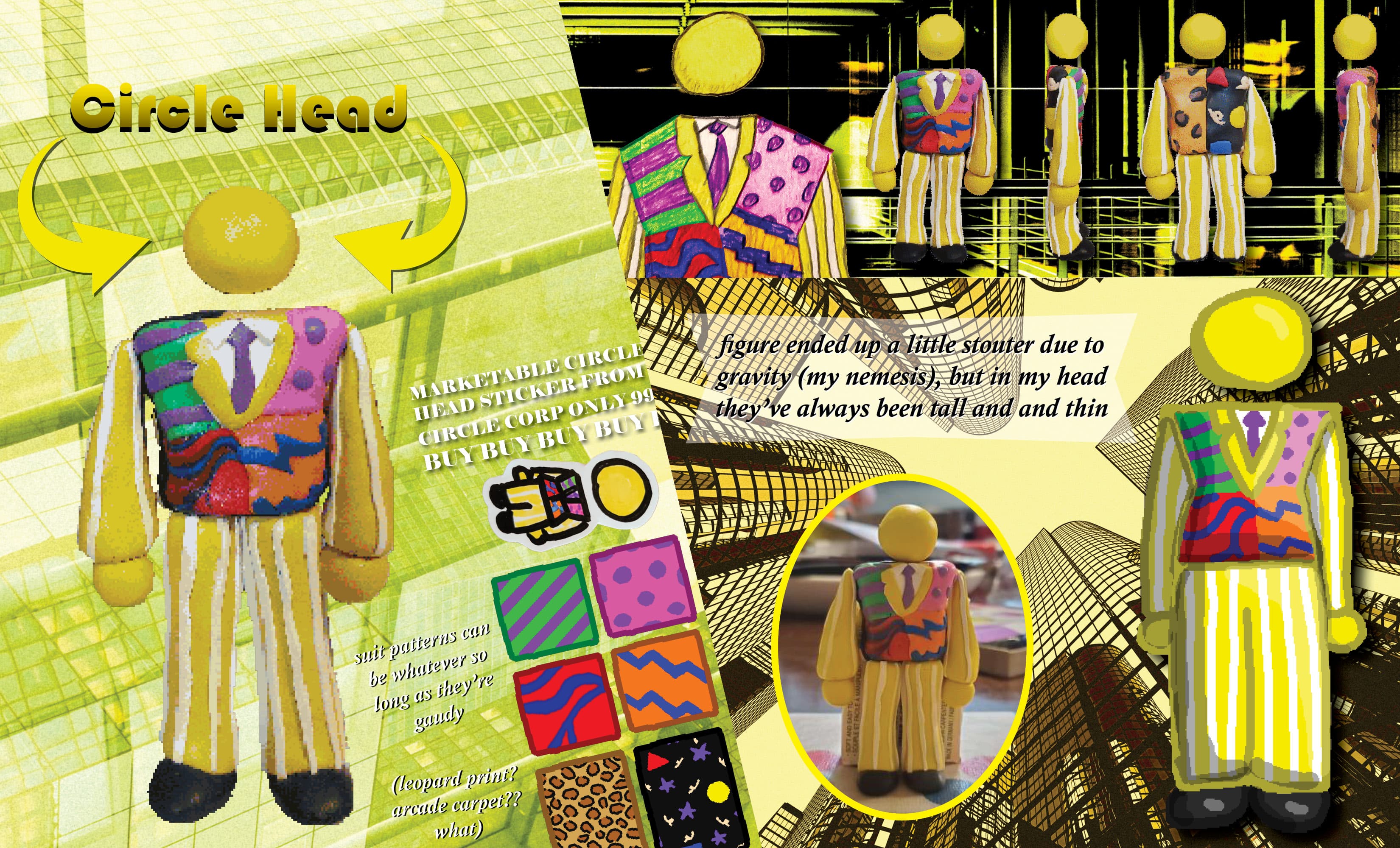 reference sheet for a yellow character with a circle/sphere-shaped head