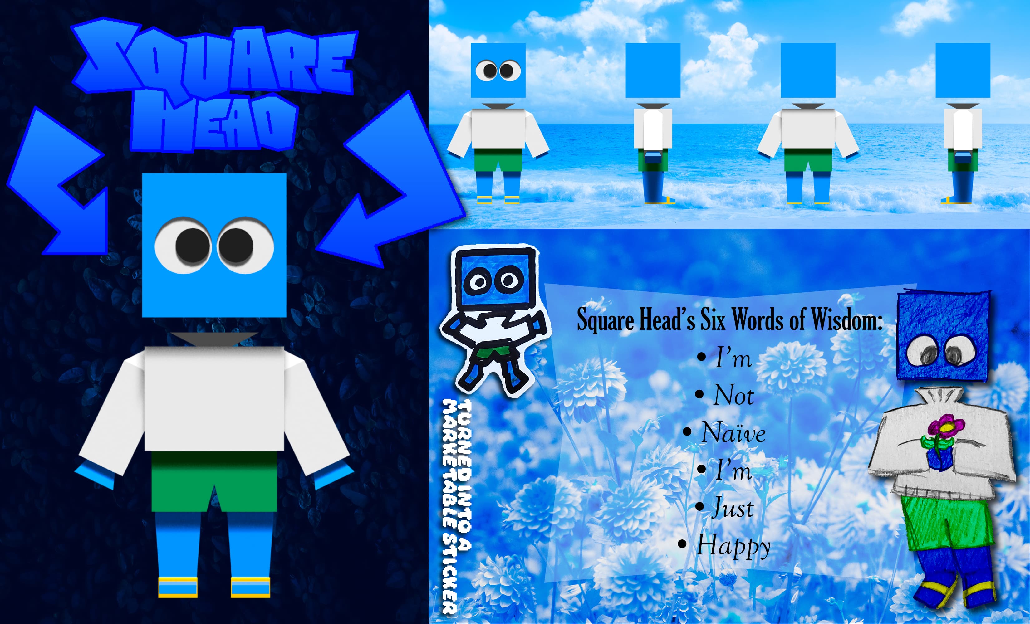 reference sheet for a blue character with a square/cube-shaped head